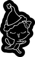 icône de dessin animé d'un chat avec un arc sur la tête portant un bonnet de noel vecteur