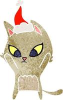 dessin animé rétro confus d'un chat portant un bonnet de noel vecteur