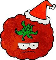 dessin animé texturé d'une tomate en colère portant un bonnet de noel vecteur