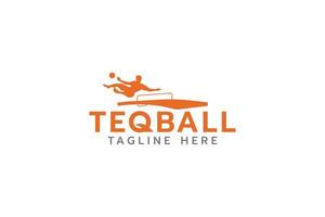 logo teqball avec silhouette de personne sautant dans le jeu de teqball. vecteur