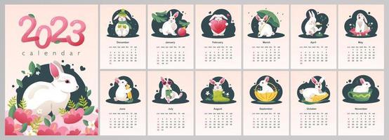 calendrier 2023, l'année du lapin d'eau bleu. la semaine commence le dimanche. mignon lapin blanc. calendrier de vecteur
