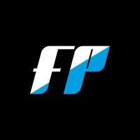 création de logo de lettre fp sur fond noir. concept de logo de lettre initiales créatives fp. conception d'icône fp. fp conception d'icône de lettre blanche et bleue sur fond noir. fp vecteur