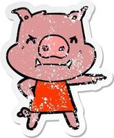 autocollant en détresse d'un cochon de dessin animé en colère en robe pointant vecteur