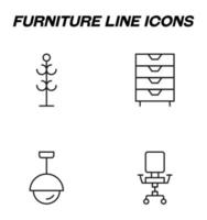 signes monochromes simples dessinés avec une fine ligne noire. icône de ligne vectorielle sertie de symboles de cintre, commode, lustre, lampe, chaise de bureau vecteur