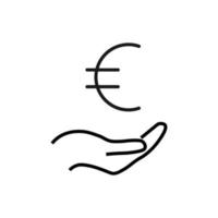 cadeau, charité, symbole de soutien. signe vectoriel dessiné avec une ligne noire. image monochrome pour les publicités, bannières, magasins, etc. icône de la ligne de l'euro sur la main tendue
