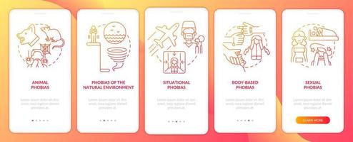 écran d'application mobile d'intégration de dégradé rouge de phobies spécifiques. anxiété pas à pas 5 étapes pages d'instructions graphiques avec des concepts linéaires. ui, ux, modèle d'interface graphique. vecteur