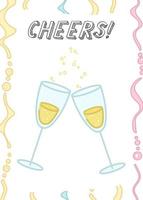 à votre santé. modèle de carte créative avec deux verres de champagne. conception de thème de célébration. carte mignonne dessinée à la main pour la fête, l'anniversaire. illustration vectorielle. vecteur