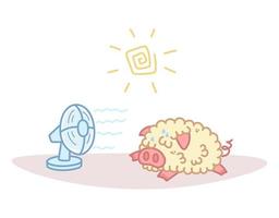 cochon moelleux souffrant de chaleur. personnage kawaii allongé. le ventilateur refroidit l'animal. été chaud. illustration vectorielle isolée sur fond blanc. vecteur