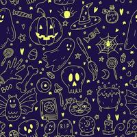 modèle sans couture avec des objets d'halloween de dessin animé de doodle en couleur néon jaune sur fond violet. croquis de fantôme, citrouille, os, poison, crâne, livre de sorts, chat, bougie, chauve souris, la tombe vecteur