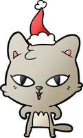 dessin animé dégradé d'un chat portant un bonnet de noel vecteur