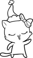 dessin au trait d'un chat avec un arc sur la tête portant un bonnet de noel vecteur
