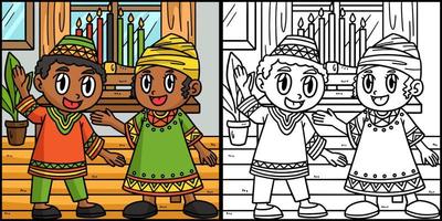 enfants kwanzaa et illustration de coloriage kinara vecteur