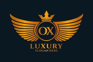 vecteur de logo de couleur or de crête de boeuf de lettre d'aile royale de luxe, logo de victoire, logo de crête, logo d'aile, modèle de logo vectoriel.