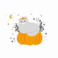 carte de voeux d'halloween avec un chat mignon sur une citrouille portant un chapeau de citrouille vecteur