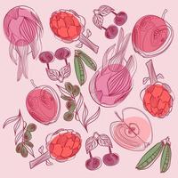 fruits et légumes sur fond rose en technique doodle vecteur
