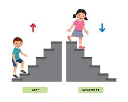 adjectif opposé mots antonymes illustration des enfants monter et descendre explication de l'escalier flashcard avec étiquette de texte vecteur
