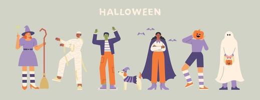 des gens en costumes d'halloween. sorcière, momie, zombie, vampire, citrouille-lanterne, fantôme. vecteur