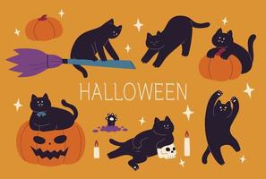 citrouille d'halloween et jolie collection de chat noir. illustration vectorielle de style design plat. vecteur