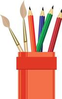 étui à crayons orange comprenant plusieurs crayons et un pinceau vecteur
