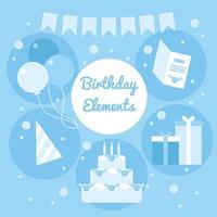 éléments d'anniversaire de dessin animé bleu. objets de décoration, guirlandes, gâteau, ballons, carte, cadeaux et chapeau de fête. stock illustration vectorielle plane vecteur