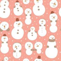 bonhomme de neige rose. motif sans couture de bonhomme de neige de noël rose mignon. bonhomme de neige drôle enfantin avec des visages souriants. bonne année fond pastel vacances d'hiver design textile rosâtre bébé illustration vectorielle. vecteur