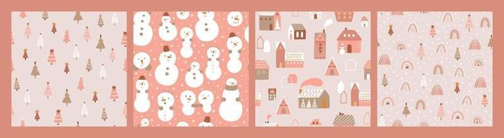 ensemble de motifs de noël rose. fond répété sans couture d'hiver pastel. arbres de noël, maisons, village, bonhomme de neige, collection d'imprimés arc-en-ciel. joli décor de nouvel an. illustration vectorielle. papier d'hiver. vecteur