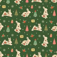 motif de lapin de Noël. nouvel an 2023 arrière-plan harmonieux, textile, conception de tissu. impression vectorielle avec lapins, lièvres, cadeaux, sapin de noël, fleurs, flocons de neige. jolie illustration de lapins floraux. vecteur