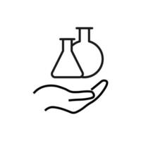 cadeau, charité, symbole de soutien. signe vectoriel dessiné avec une ligne noire. image monochrome pour les publicités, bannières, magasins, etc. icône de ligne d'ampoules de laboratoire sur la main tendue