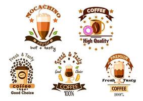 badges de café avec boissons au café et pâtisseries vecteur