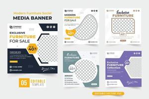 vecteur de bundle de bannière web promotionnelle de magasin de meubles avec des formes créatives. collection exclusive de publications sur les médias sociaux de vente de meubles avec des couleurs sombres et violettes. ensemble de modèles de publicité de meubles.