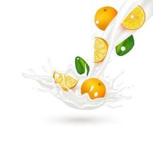éclaboussures de yaourt au lait orange isolé sur fond blanc. faire de l'exercice et manger des aliments sains. notion de santé. illustration vectorielle 3d réaliste. vecteur