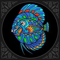 Discutez des arts du mandala de poissons colorés isolés sur fond noir vecteur