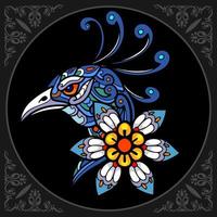 Mandala oiseau paon coloré isolé sur fond noir vecteur