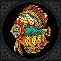Discutez des arts du mandala de poissons colorés isolés sur fond noir vecteur