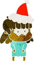 dessin animé rétro d'une fille sifflante portant un bonnet de noel vecteur