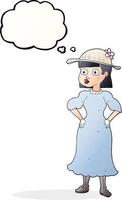 femme de dessin animé à bulle de pensée dessinée à main levée en robe sensée vecteur