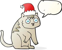 chat de dessin animé à bulle de dialogue dessiné à main levée portant un chapeau de noël vecteur