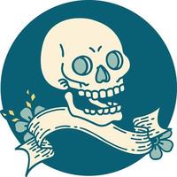 icône de style tatouage avec bannière d'un crâne vecteur