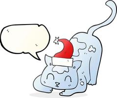 chat de dessin animé à bulle de dialogue dessiné à main levée portant un chapeau de noël vecteur