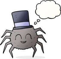 Araignée de dessin animé à bulle de pensée dessinée à main levée portant un chapeau haut de forme vecteur