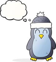Pingouin de dessin animé à bulle de pensée dessiné à main levée vecteur