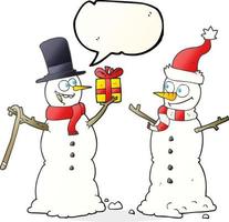 Bulle de dialogue dessinée à main levée dessin animé bonhommes de neige échangeant des cadeaux vecteur