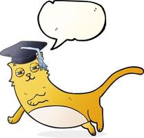 Chat de dessin animé à bulle de dialogue dessiné à main levée avec chapeau de diplômé vecteur