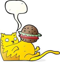 Bulle de dialogue dessiné à main levée dessin animé gros chat avec burger vecteur