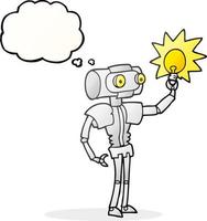 Robot de dessin animé à bulle de pensée dessiné à main levée avec ampoule vecteur