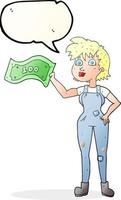 Bulle de dialogue dessiné à main levée dessin animé fermière confiante femme avec de l'argent vecteur