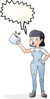 Freehand dessinée bulle cartoon travailleur féminin avec une tasse de café vecteur