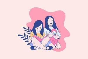 illustrations de deux belles filles pour le concept de conception de la journée internationale de la petite fille vecteur