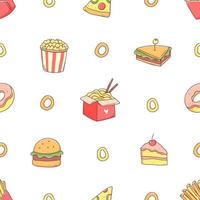 modèle sans couture avec restauration rapide dans un joli style kawaii doodle. pop-corn, sandwich, nouilles, pizza, burger, gâteau, beignet, frites. illustration de fond de vecteur de malbouffe.