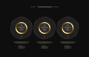 conception de trois boutons infographiques polyvalents de luxe, ensemble de bannières premium et options de luxe et version dorée premium sur fond sombre vecteur